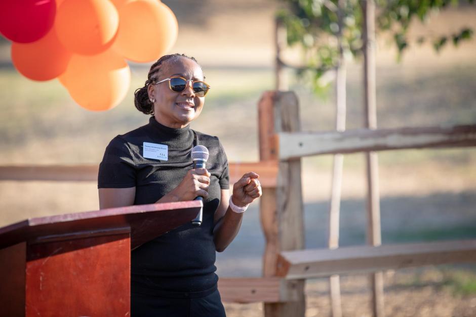 Parks, Recreation and Arts Commission Chair Twiana Armstrong-Bryant address the crowd at the SWRA West Trails opening. 