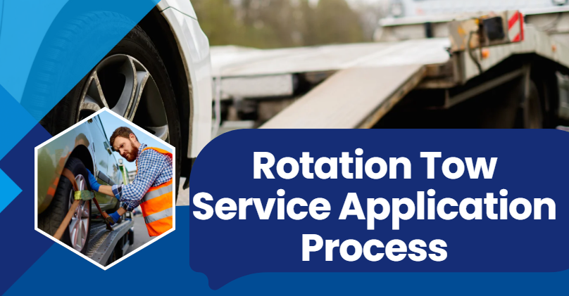A vehicle getting pulled up a flatbed tow truck. In front of the image, blue color blocks form the backdrop to white text reading, "Rotation Tow Service Application Process"
