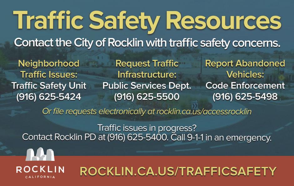 A list of Traffic Safety Resources over a photo of a Rocklin Road roundabout. Resources listed include the Traffic Safety Unit at (916) 625-5424, Public Services at (916) 625-5500, and Code Enforcement at (916) 625-5498.
