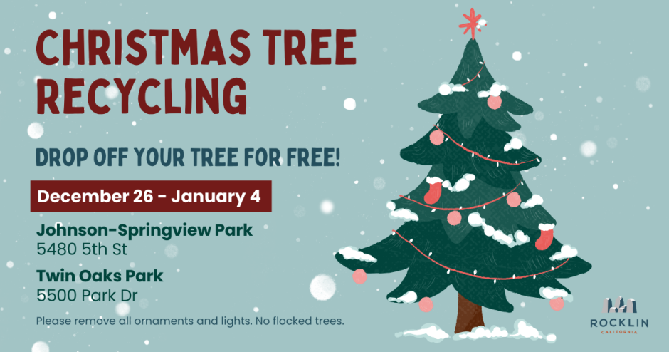 Illustration of a Christmas tree with lights and snow against a light blue background. Text in maroon and blue reads: Christmas Tree Recycling. Drop off your tree for free! December 26 - January 4. Johnson-Springview Park (5480 5th St), Twin Oaks Park (5500 Park Dr). Please remove all ornaments and lights. No flocked trees.