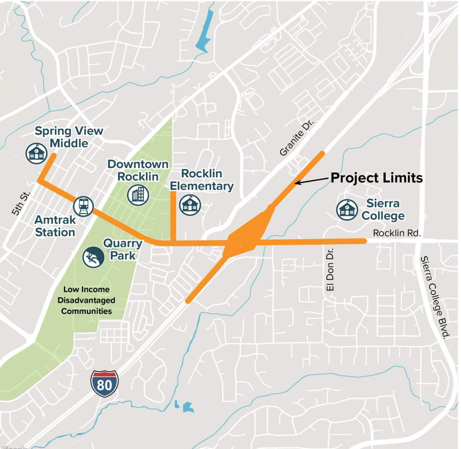 Map depiction of project area: spanning west-east from 5th St to Rocklin Road and north-south along the Rocklin Rd intersection of I-80