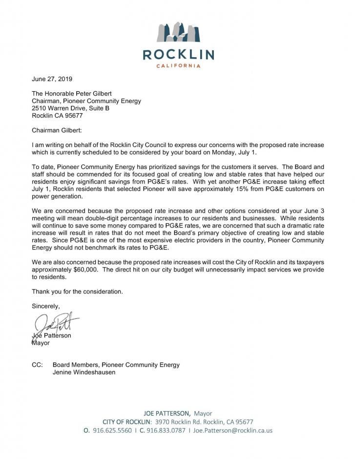Council Letter Expressing Concerns with Proposed Pioneer Energy Rate Increases